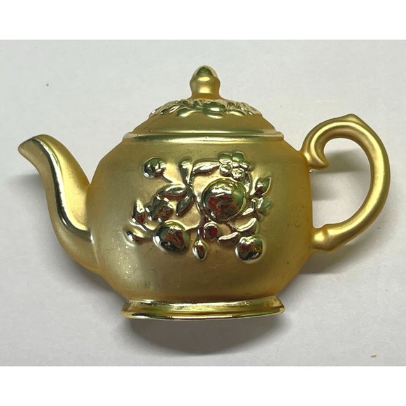 Vintage Gold Tone Teapot Floral  Brooch Pin 2.5" Across - Picture 5 of 6